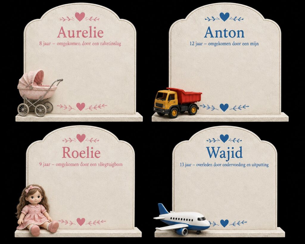 Vier kindergrafstenen dood door oorlogen.